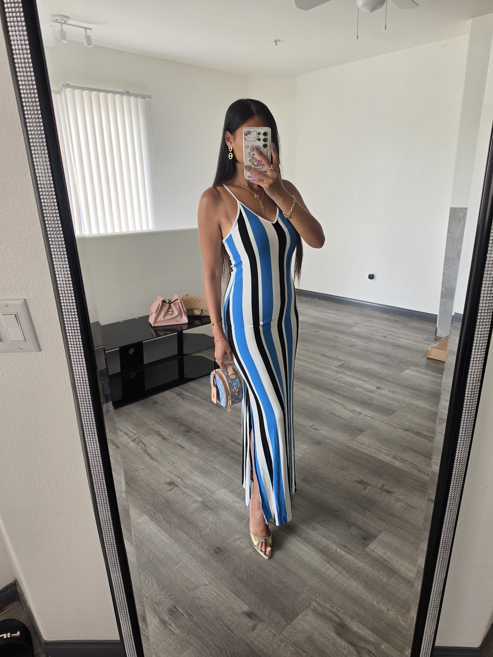 Striped Blue & White Maxi Slip Dress with Side Slit - Picture 11 of 13